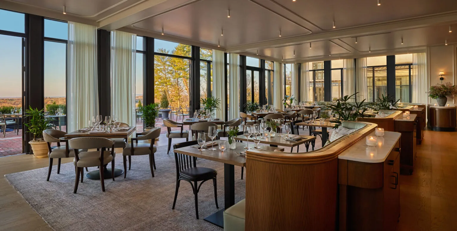 The dining room at Ladd’s Tavern overlooking the Valley of Somerset County at Pendry Natirar