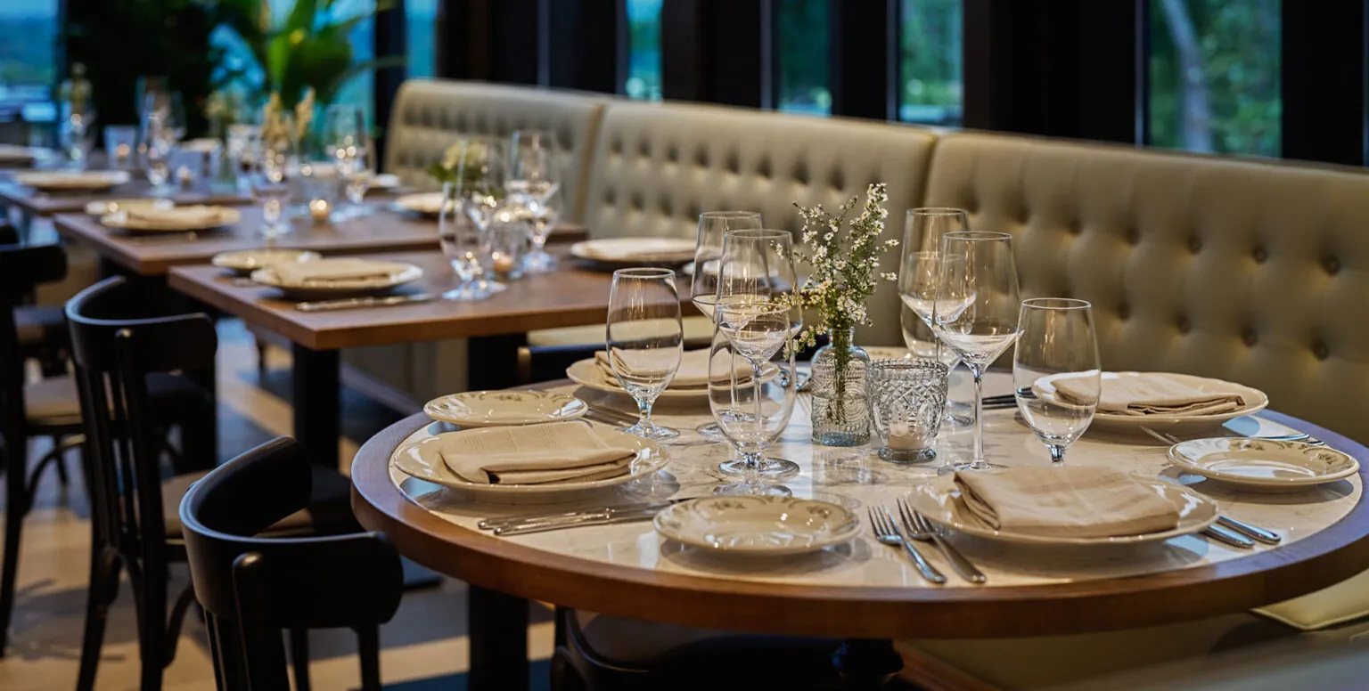 A close up of a dining table with wine glasses, plates and silverware at Ladd’s Tavern
