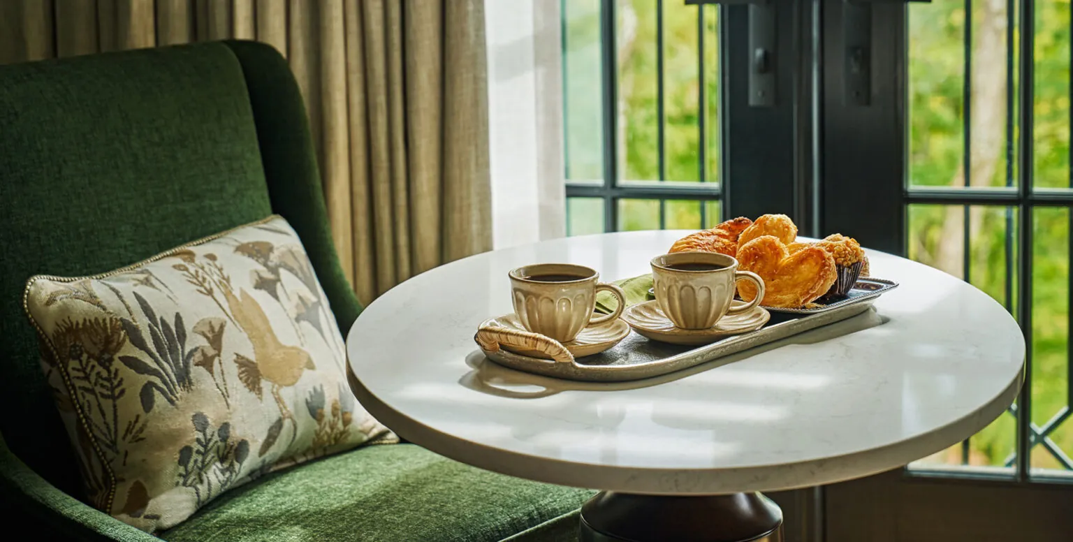 Two cups of coffee on a tray next to parties at Pendry Natirar