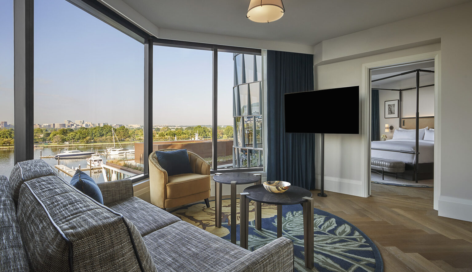 An interior of a room in Washington Dc overlooking the river.