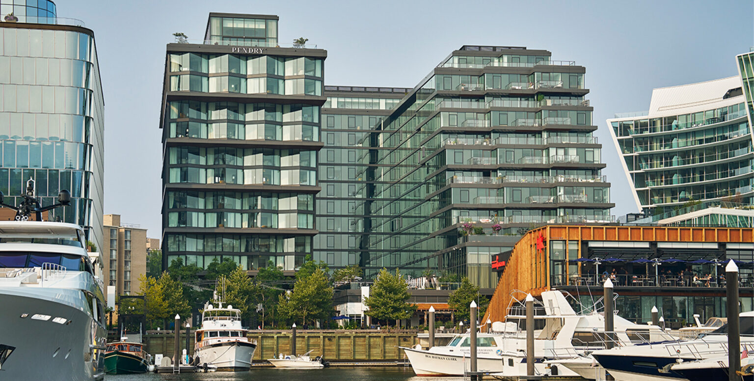 The exterior of Pendry Washington DC hotel on the Washington Harbor