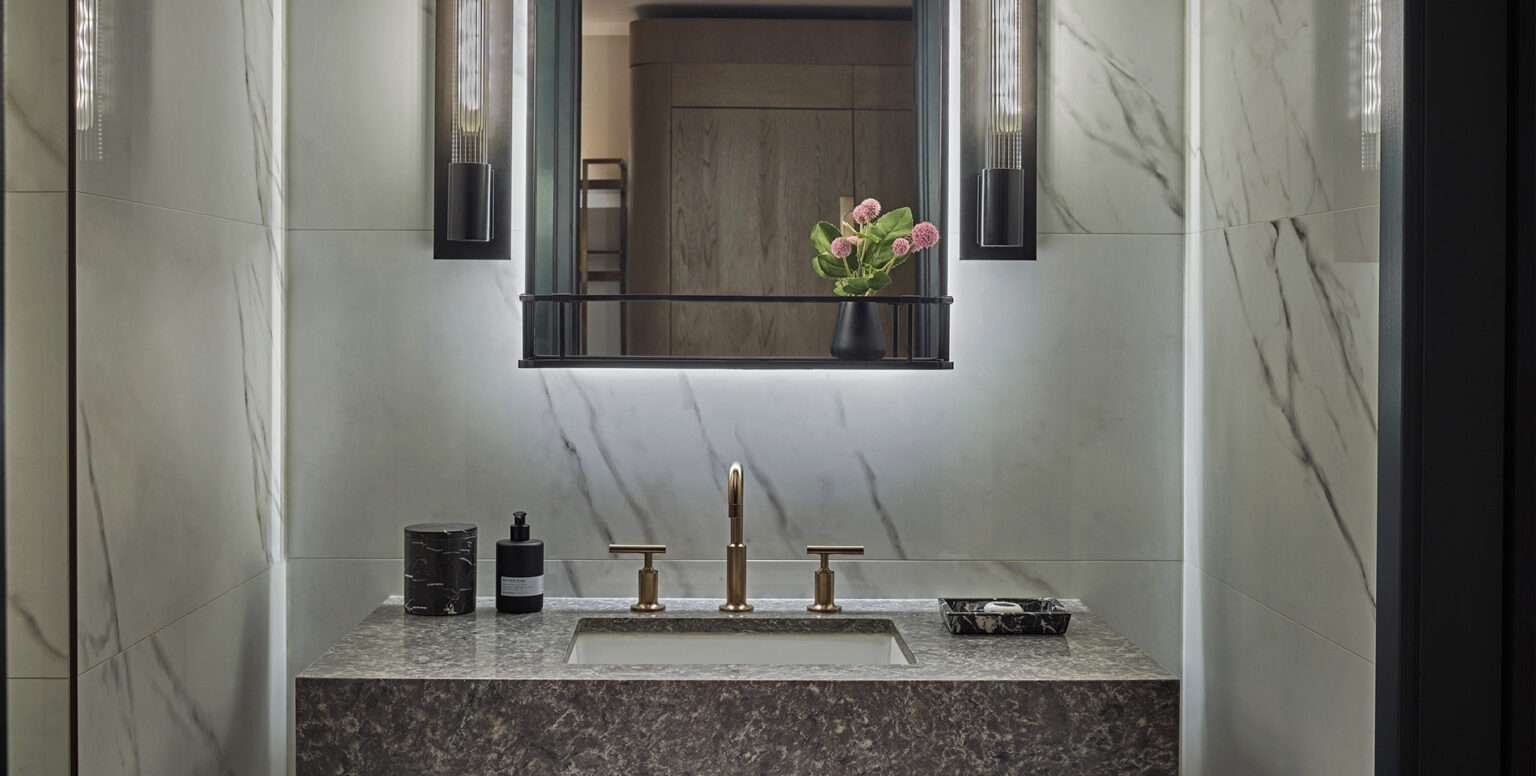 A marble sink in a bathroom at Pendry Washington DC &ndash; The Wharf