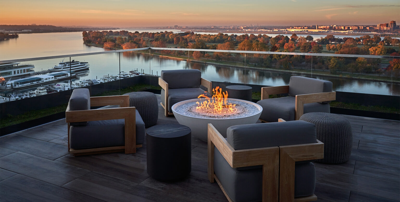 A DC rooftop patio overlooking the Washington Harbor at Pendry Washington DC &ndash; The Wharf