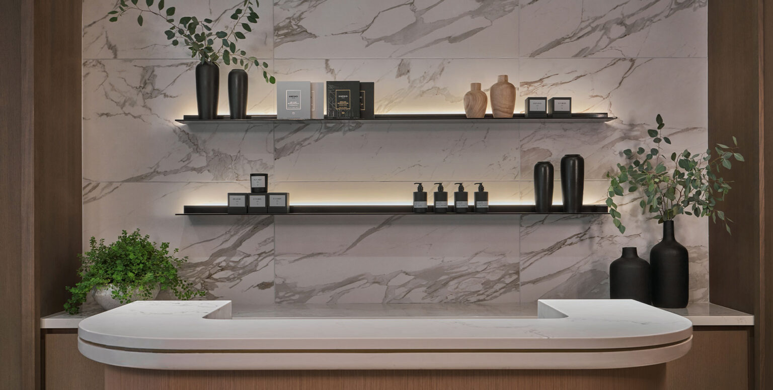 The white marble front desk at Spa Pendry Washington DC &ndash; The Wharf